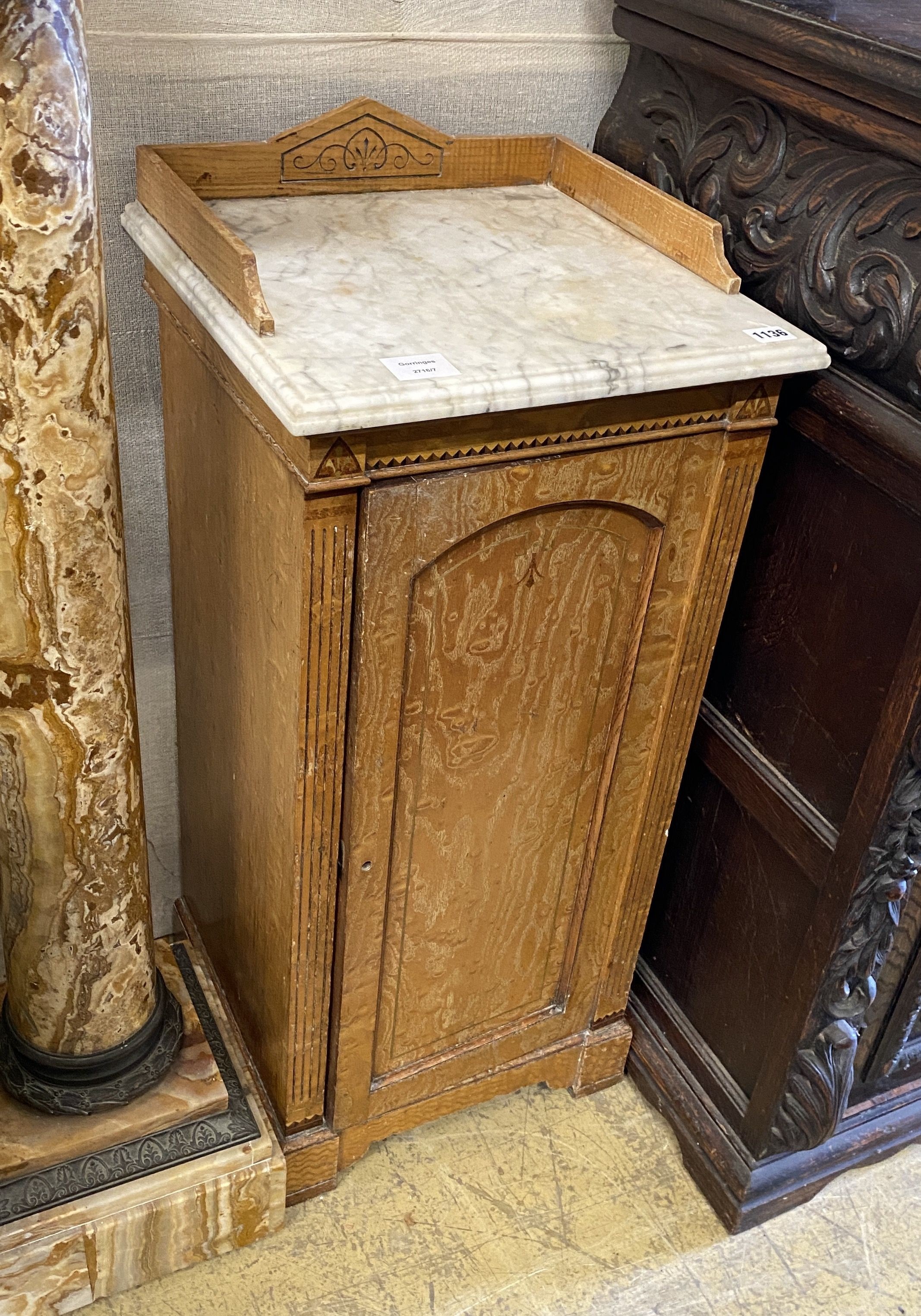 A Victorian satin birch marble-topped bedside cupboard, width 38cm, depth 36cm, height 86cm